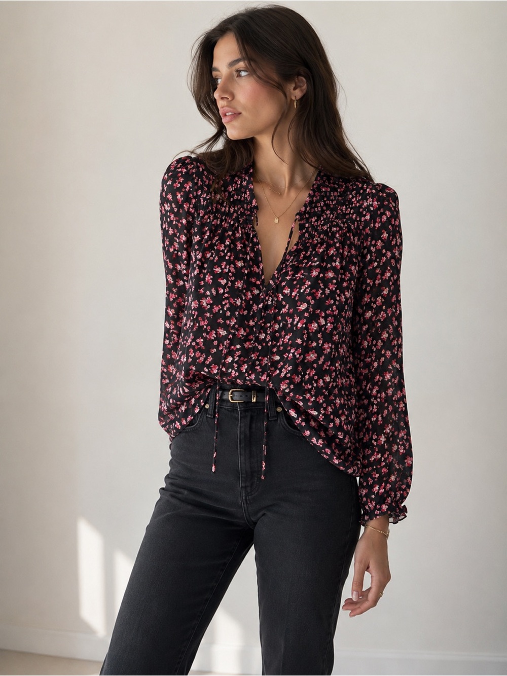 Rose & Olive Floral Smocked Peasant Blouse Cottagecore Boho Black Pink